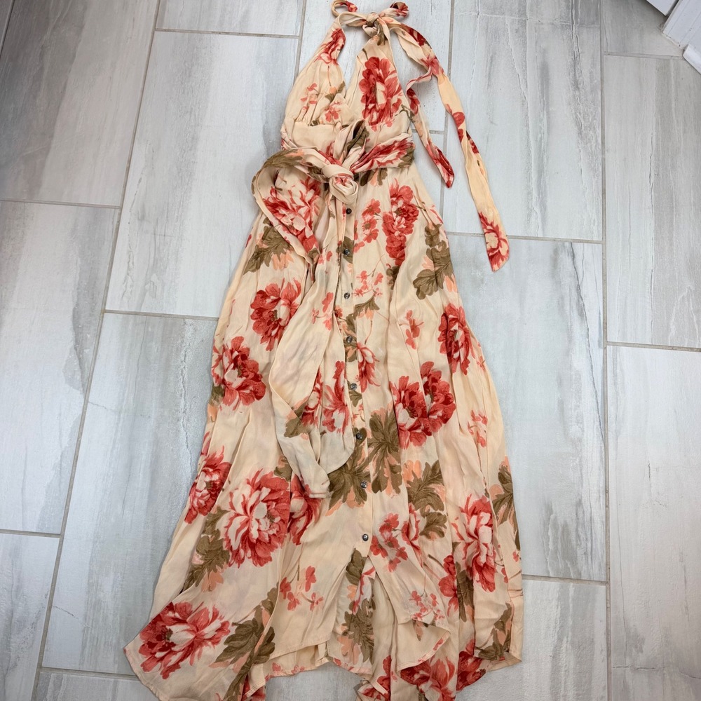 Free People Lovely Light Halter Maxi Dress Floral Peach Red Button Front Size 2